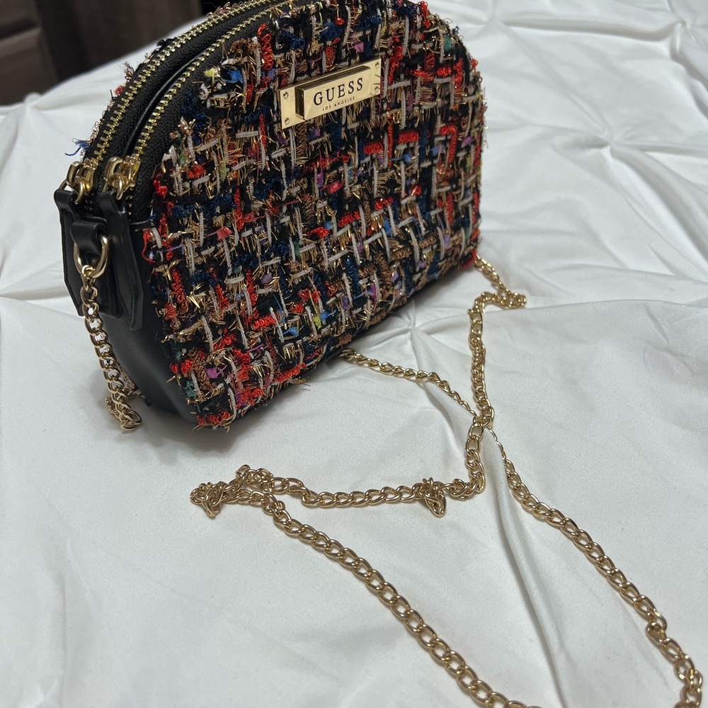 GUESS Colorful Tweed Crossbody Bag with Gold Chain